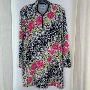 San Soleil Pink Green Black Floral Long Sleeve Mock UV 50 Swim Dress Size Medium